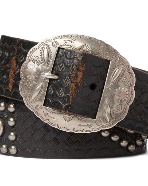 RRL Black Studded Leather Belt for men