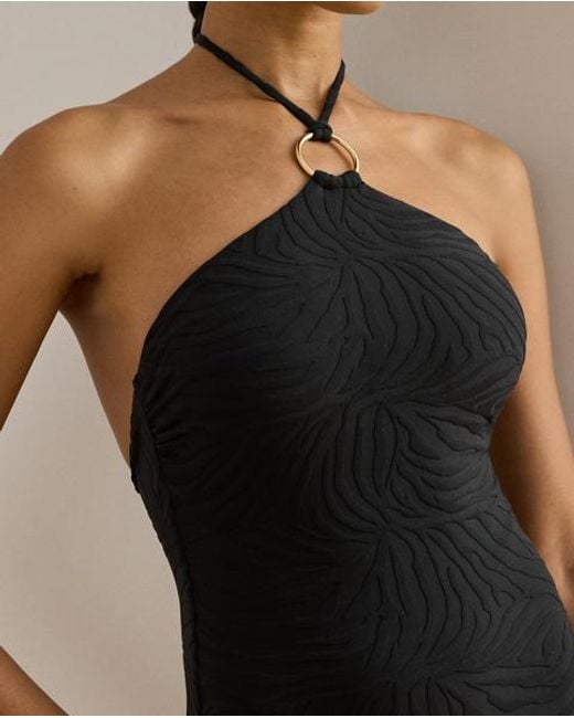 Ralph Lauren Black Zebra-Jacquard Ring-Front One-Piece