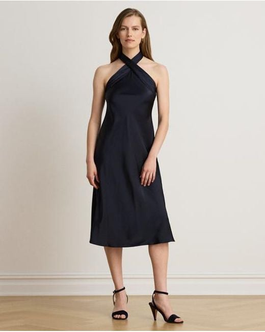 Ralph Lauren Blue Charmeuse Tie-Back Halter Cocktail Dress