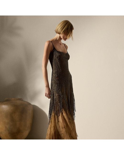 Ralph Lauren Brown Erin Embellished Tulle Evening Dress