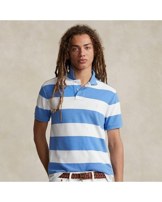 Ralph Lauren Blue Custom Slim Fit Striped Mesh Polo Shirt for men