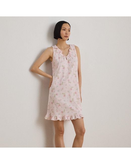 Ralph Lauren Pink Floral Ruffle-Trim Jersey Nightgown