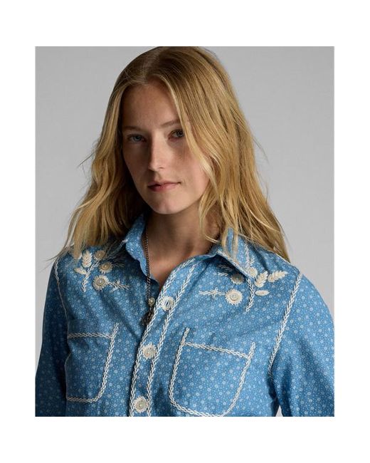 RRL Blue Embroidered Indigo Floral-print Shirt