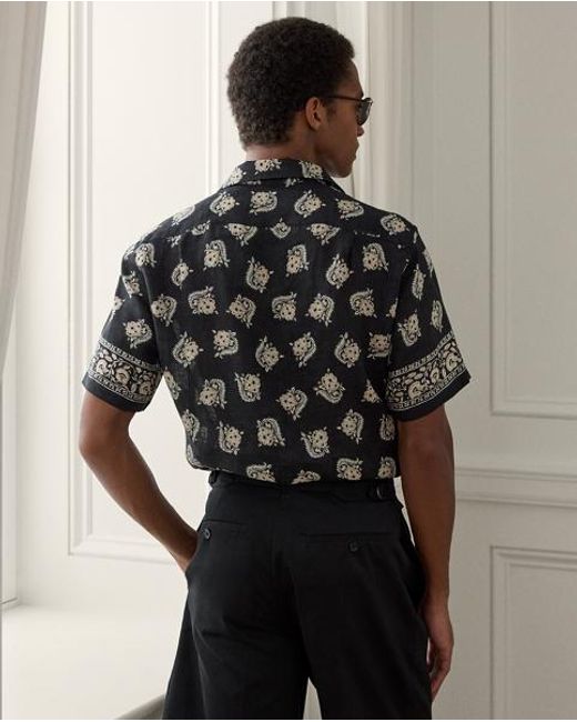 Ralph Lauren Black Printed Linen Camp Shirt for men