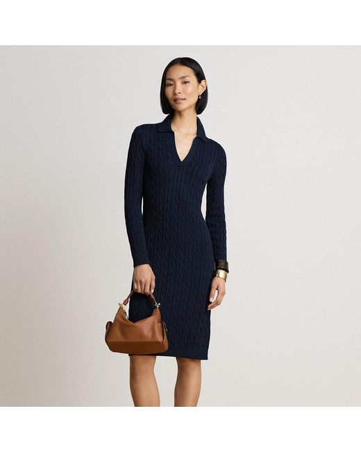 Ralph Lauren Blue Cable-Knit Cotton-Blend Jumper Dress