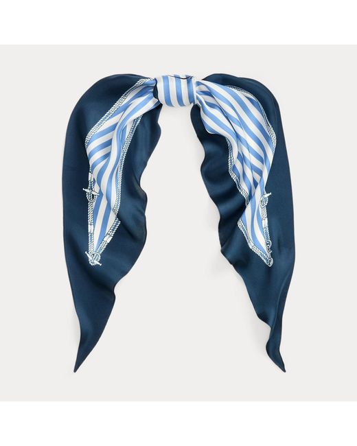 Ralph Lauren Blue Striped Crest Silk Diamond Scarf