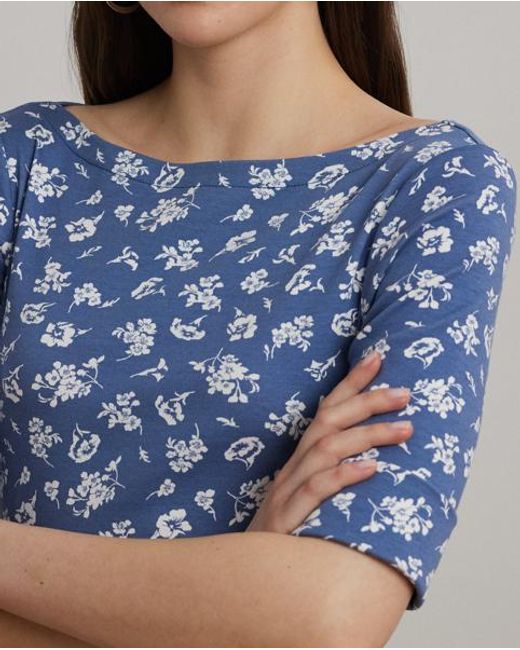 Vestido Midi De Algodón Elástico Floral Ralph Lauren de color Blue