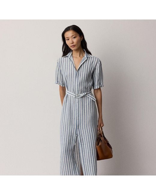 Ralph Lauren Gray Carol Striped Linen Day Dress