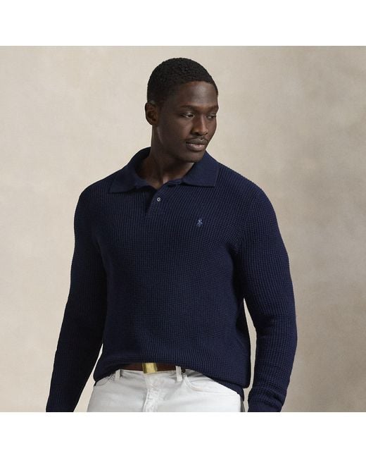 Polo Ralph Lauren Blue Textured Wool-Cotton Polo-Collar Jumper for men