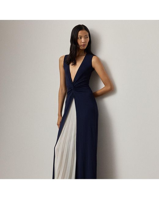 Ralph Lauren Blue Zach Two-Tone Pleated Evening Dress