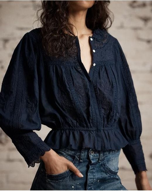 RRL Blue Bestickte Bluse Aus Baumwollvoile