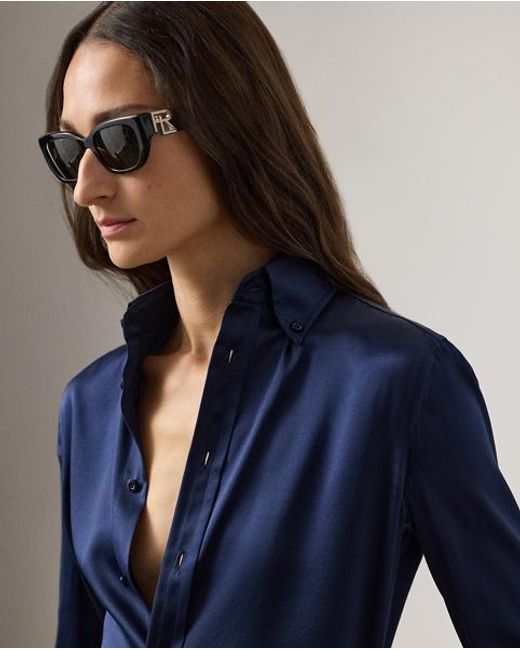 Ralph Lauren Blue Cameron Straight Fit Silk Shirt