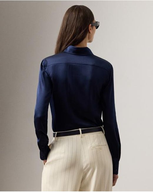Ralph Lauren Blue Cameron Straight Fit Silk Shirt