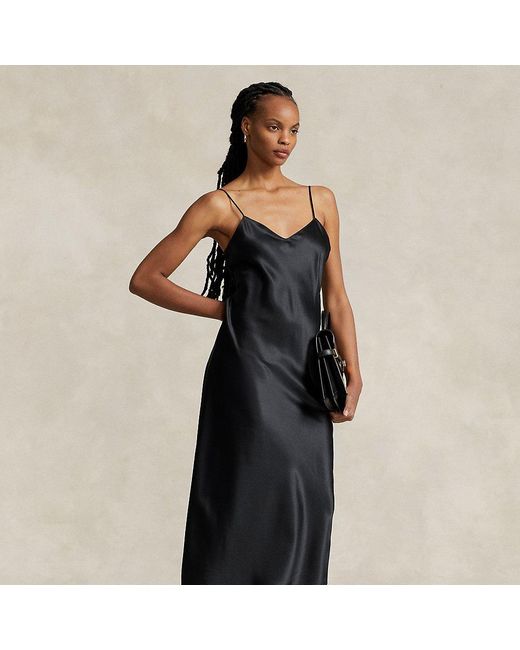 Ralph Lauren Silk Midi Slip Dress in Black | Lyst