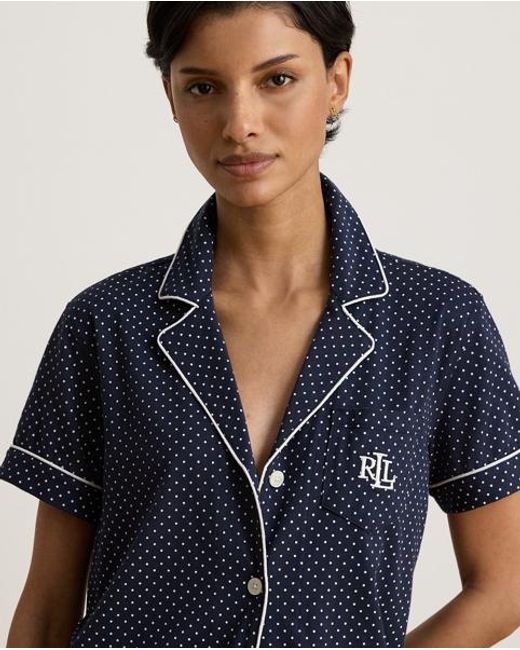 Ralph Lauren Blue Polka-Dot Cotton Jersey Boxer Sleep Set