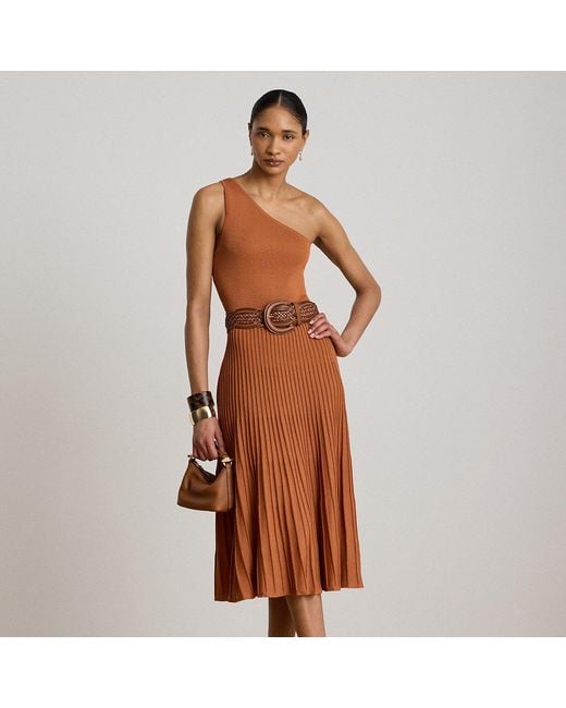 Ralph Lauren Brown Rib-Knit & Pleated One-Shoulder Dress