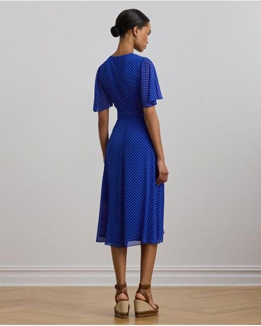 Ralph Lauren Blue Polka-Dot Belted Crinkle Georgette Dress