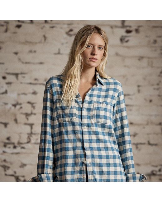 Camisa De Algodón Y Lino De Cuadros RRL de color Blue