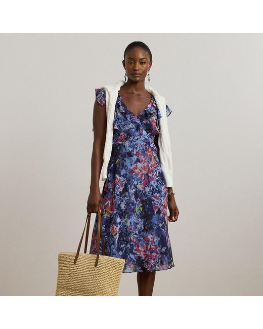Ralph Lauren Blue Ralph Lauren Print Ruffle-Trim Georgette Midi Dress