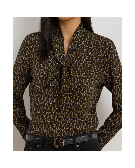 Ralph Lauren Black Chain-Print Crepe Tie-Neck Blouse