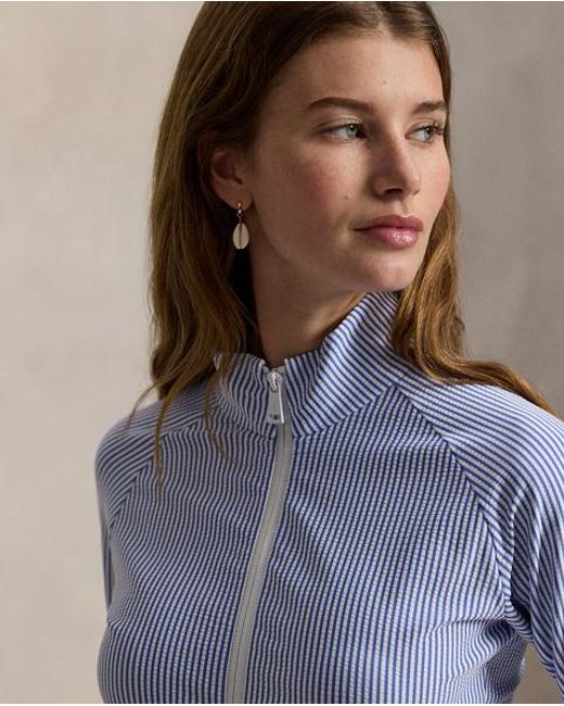 Ralph Lauren Blue Seersucker Mockneck Zip Jacket