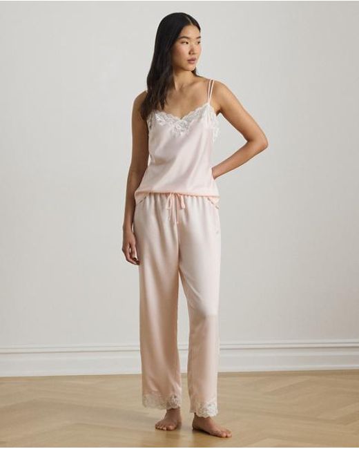 Ralph Lauren Brown Lace-Trim Satin Double-Strap Cami Pj Set