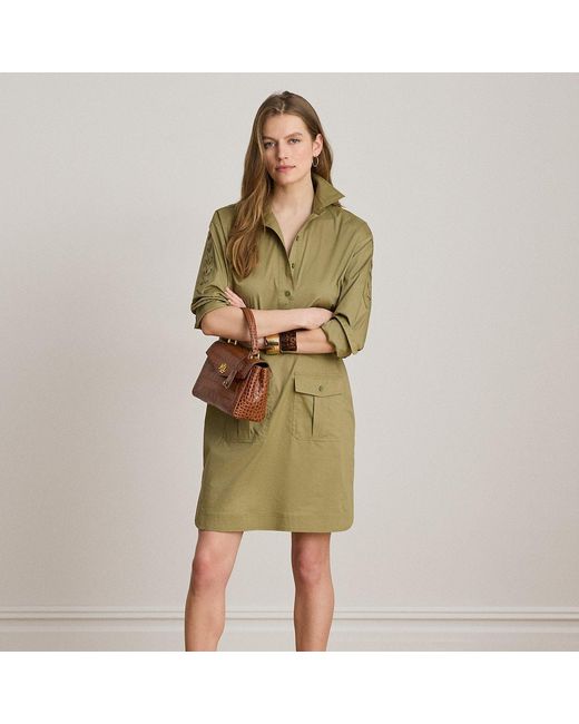 Ralph Lauren Green Lace-Up-Trim Cotton-Blend Shirtdress