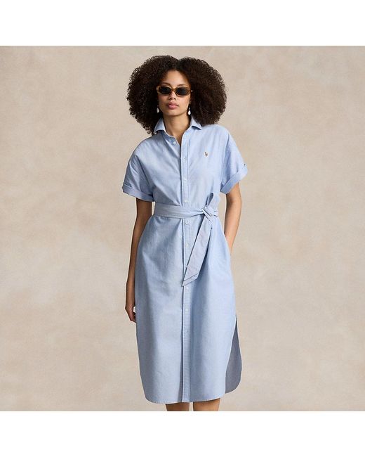 Polo Ralph Lauren Blue Kurzärmliges Oxford-Hemdkleid mit Gürtel