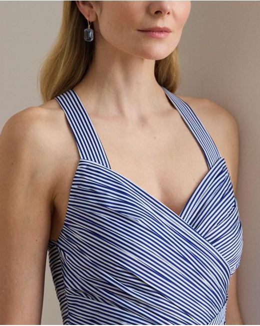 Ralph Lauren Blue Striped Pleated Taffeta Sleeveless Gown