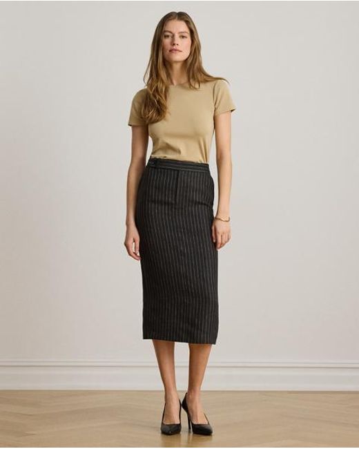Ralph Lauren Black Chalk-Stripe Linen Pencil Midi Skirt