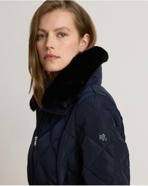 Ralph Lauren Blue Faux Fur-Trim Diamond-Quilted Down Coat
