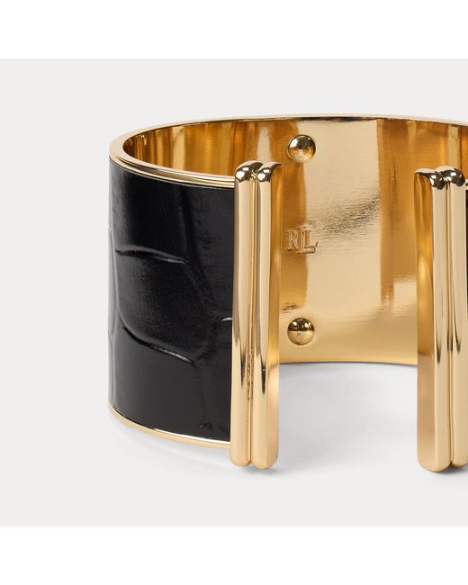 Ralph Lauren Black Ralph Lauren -Plated Logo Leather Cuff Bracelet