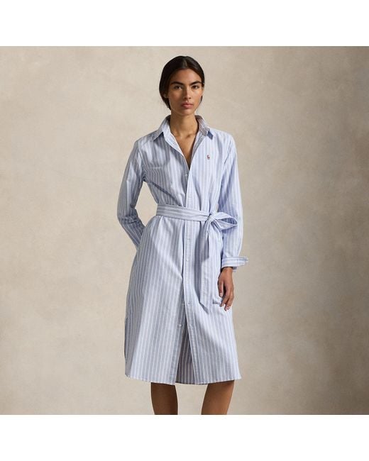 Polo Ralph Lauren Blue Striped Cotton Oxford Belted Shirt Dress