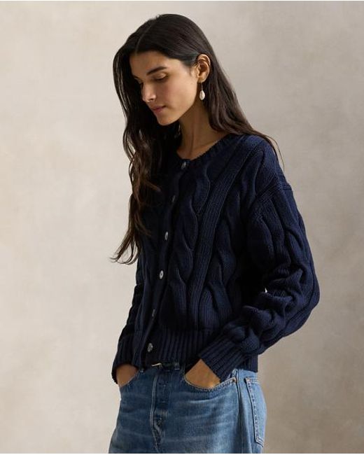 Polo Ralph Lauren Blue Cable-Knit Cotton Crewneck Cardigan