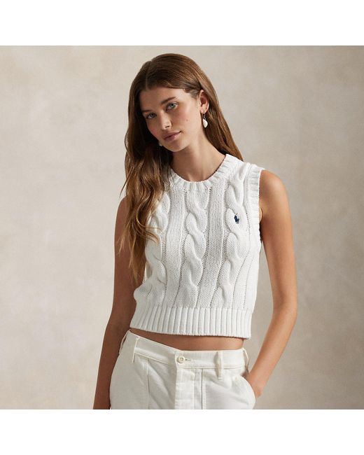 Polo Ralph Lauren White Cable-Knit Cotton Cropped Vest