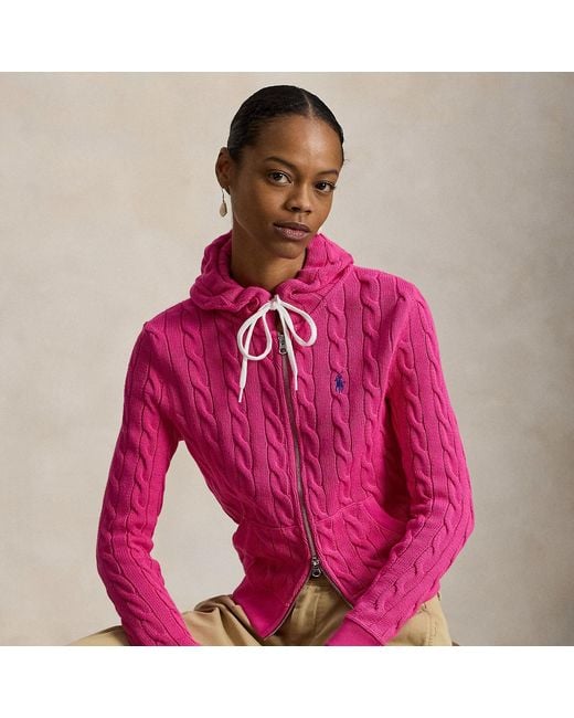 Polo Ralph Lauren Pink Cable-Knit Cotton Full-Zip Hoodie