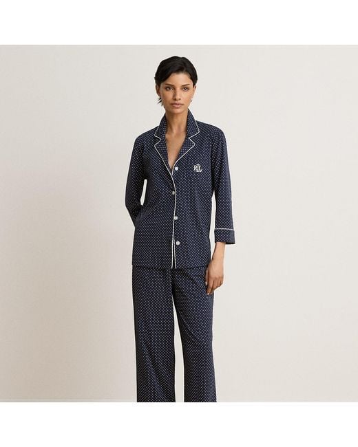 Ralph Lauren Blue Polka-Dot Cotton Jersey Capri Sleep Set