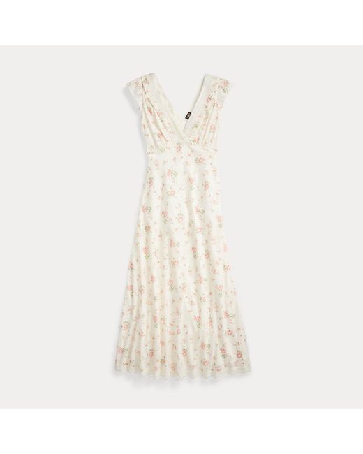 RRL White Geblümtes Baumwollvoile-Kleid mit Spitze