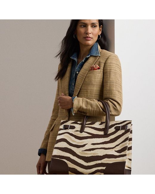 Ralph Lauren Brown Zebra-Print Canvas Large Devyn Tote Bag