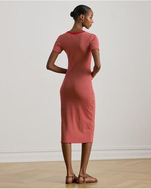 Ralph Lauren Red Striped Cotton-Blend Rib-Knit Tee Dress
