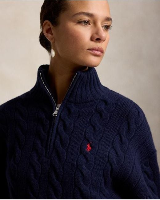 Polo Ralph Lauren Blue Cable Wool-Cashmere Half-Zip Sweater