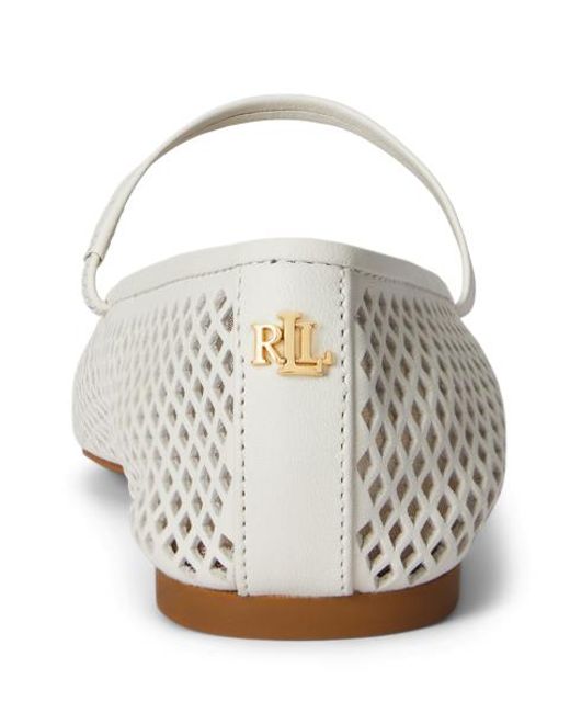 Ralph Lauren White Jayna Perforated Leather Mary Jane Flat
