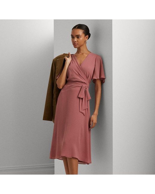 Ralph Lauren Red Belted Georgette Dress