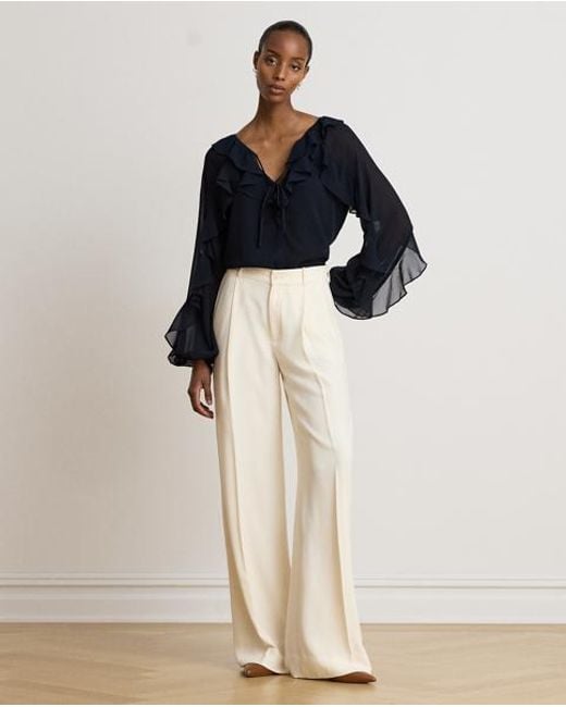Ralph Lauren Blue Ruffle-Trim Crinkle Georgette Blouse