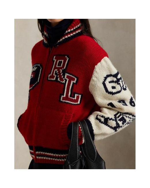 Cardigan con zip e lettere in misto lana di Polo Ralph Lauren in Red