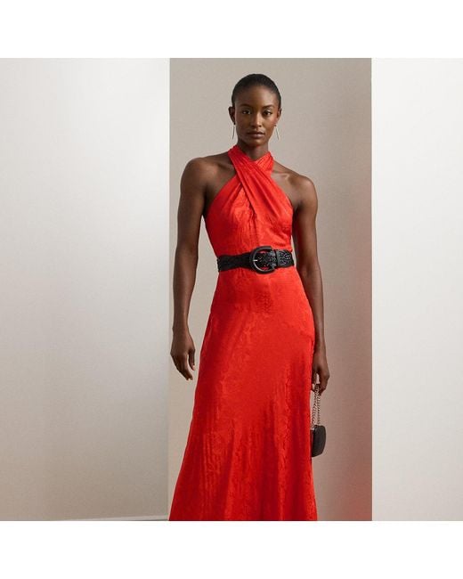 Ralph Lauren Red Belted Floral Jacquard Halter Gown