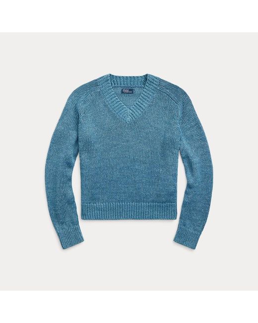 Maglia in lino e cotone con scollo a V di Polo Ralph Lauren in Blue