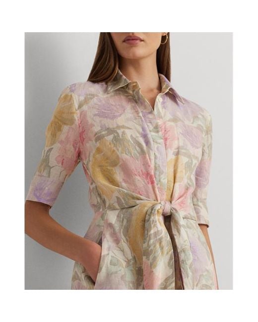 Lauren by Ralph Lauren Pink Floral Tie-front Linen Shirtdress