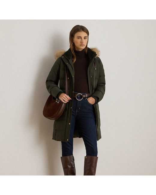 Ralph Lauren Green Faux Fur-Trim Hooded Down Coat
