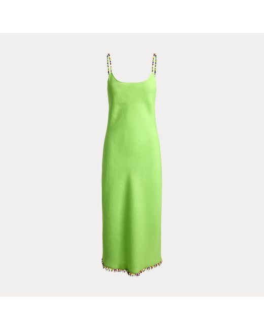 Polo Ralph Lauren Green Beaded-Trim Linen Slip Dress